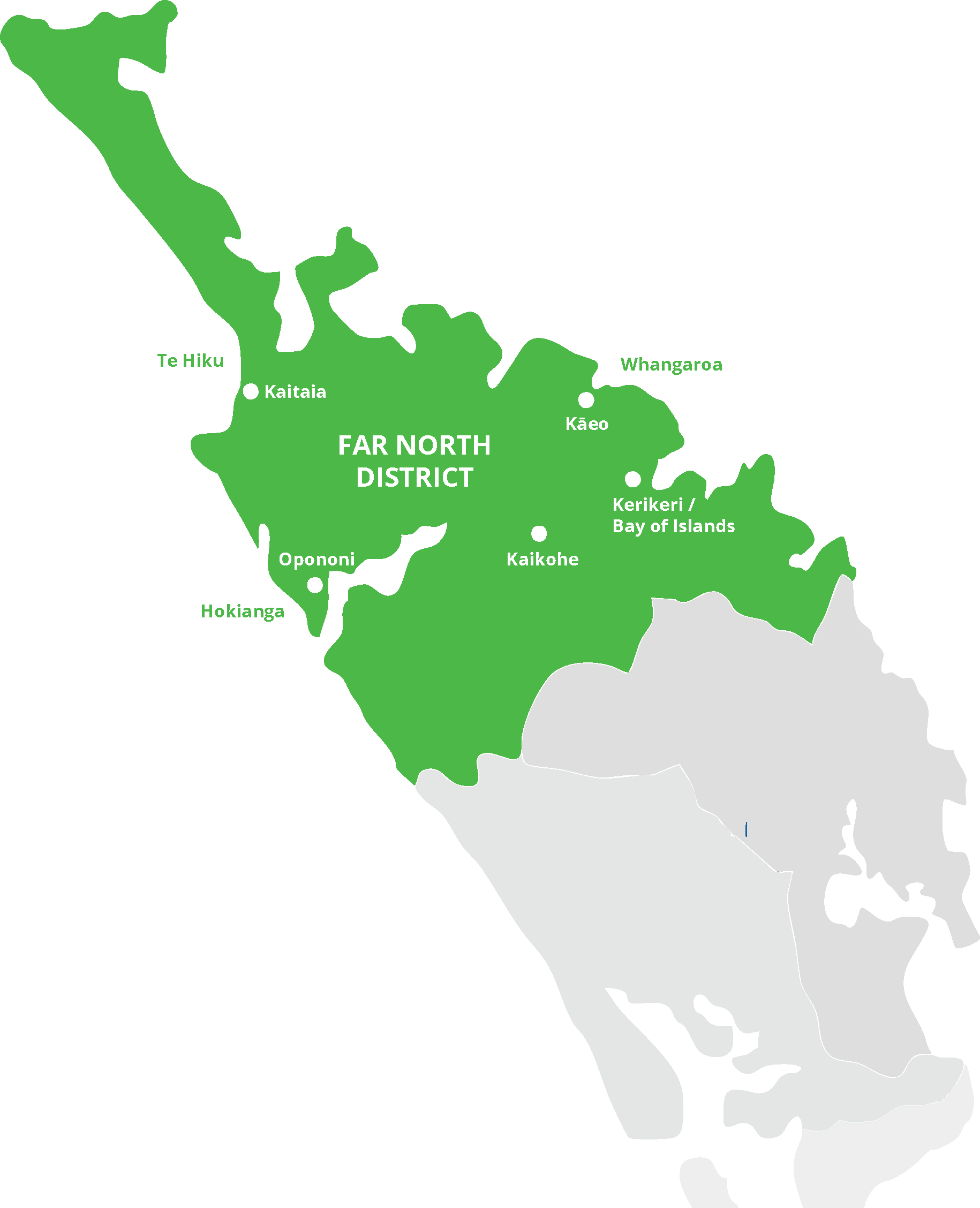 Map highlighting the Far North District of New Zealand in green, showing towns Kaitaia, Opononi, Kaikohe, Kaeo, and Kerikeri/Bay of Islands.