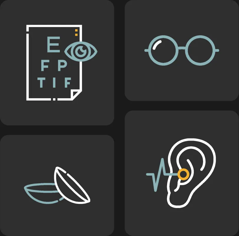 Icons representing eye exam, glasses, contact lenses, and hearing test