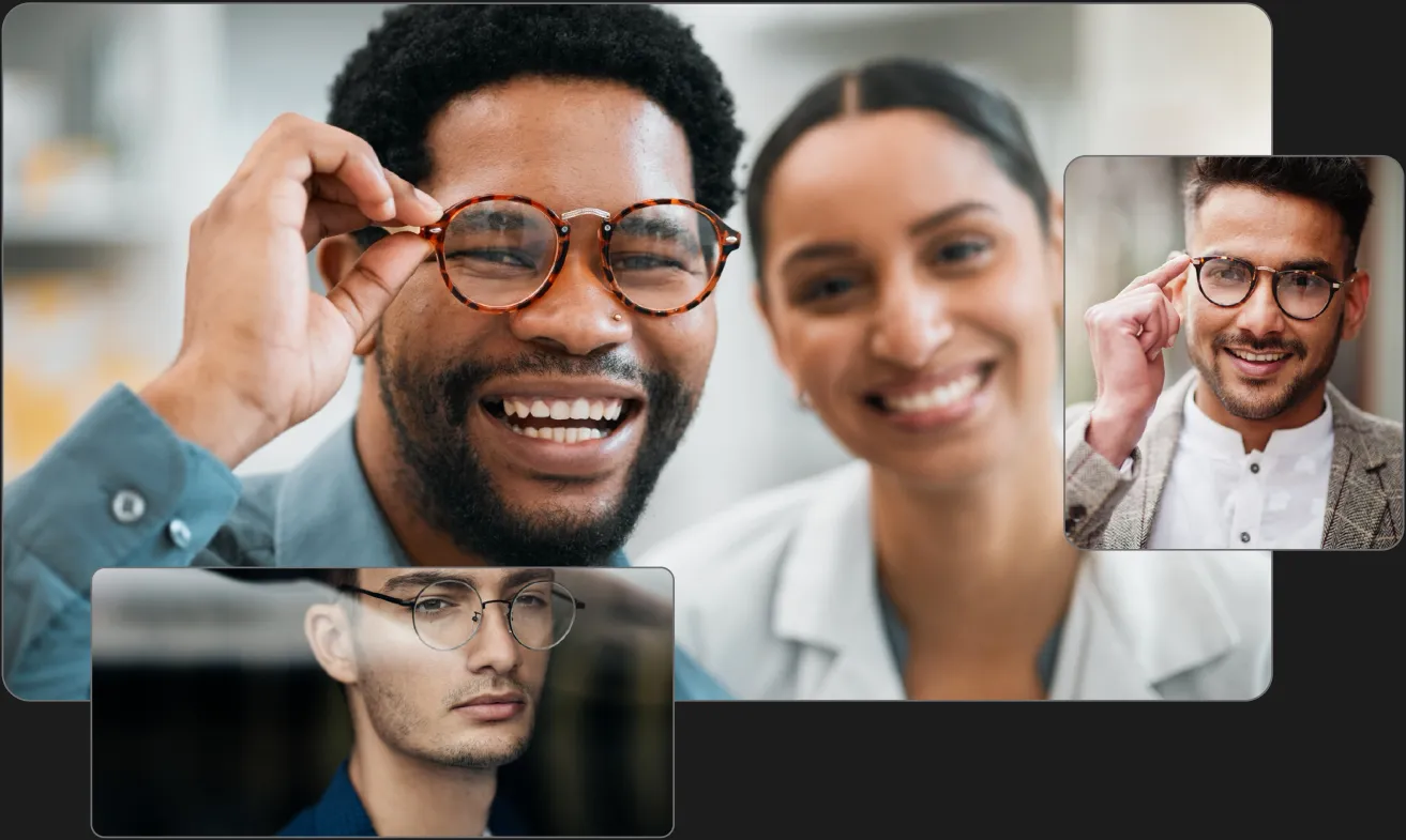 Diverse group of people smiling and adjusting stylish eyeglasses