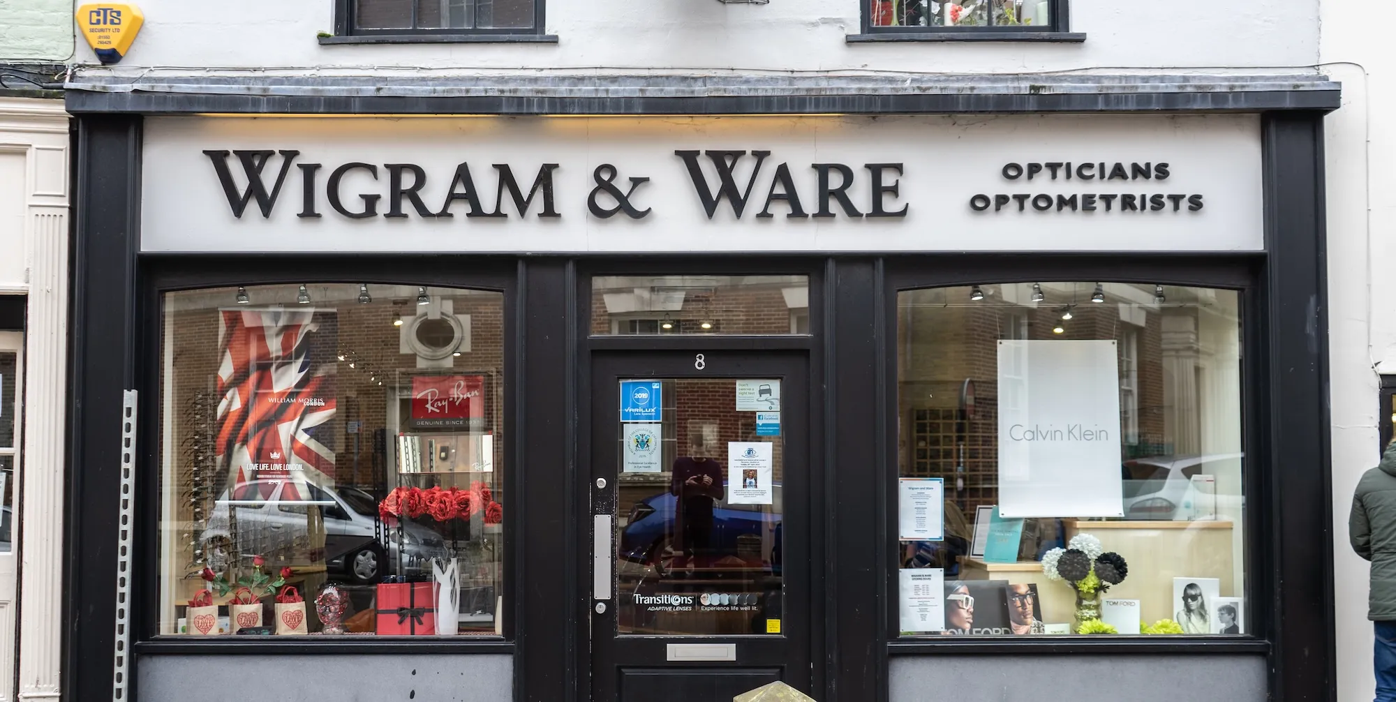 Wigram & Ware opticians storefront with Valentine's Day display