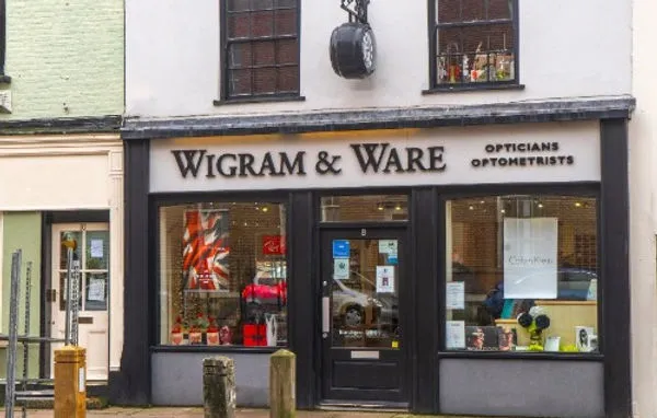 Wigram & Ware optical shop storefront with traditional British architectural style