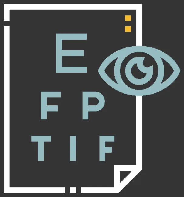 Eye chart with letters and stylized eye icon on dark background