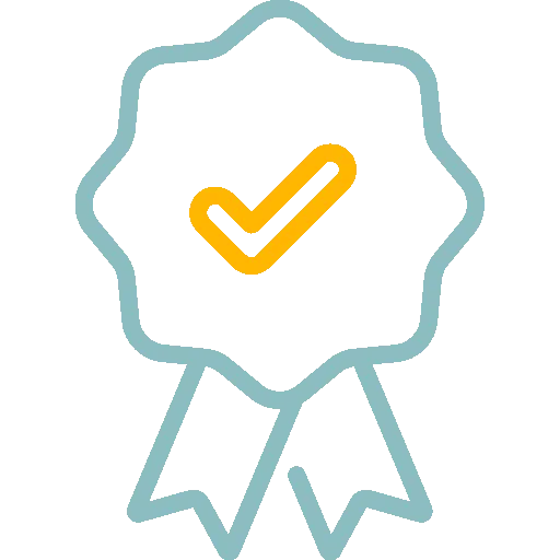 Yellow checkmark on blue ribbon badge indicating approval or certification
