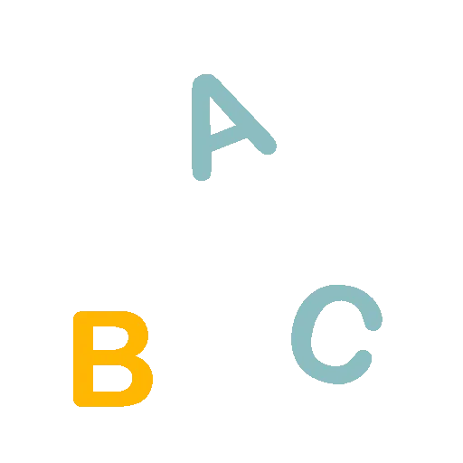 Letters A, B, C in blue and orange on white background