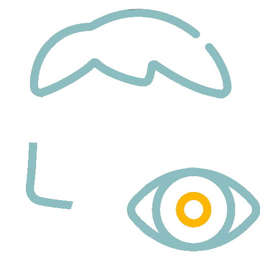 Minimalist teal icon of an eye and abstract curved shape