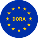 Blue circle with twelve yellow stars arranged in a circle around the word 'DORA' in the center.