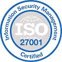 ISO 27001 certification emblem with a globe and blue circular border.