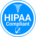 Blue circular badge with a white caduceus symbol and text reading 'HIPAA Compliant' above a checkmark.