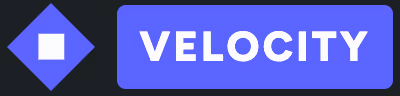 Blue diamond shape with a white square inside next to the word VELOCITY in bold white letters on a blue rectangular background.