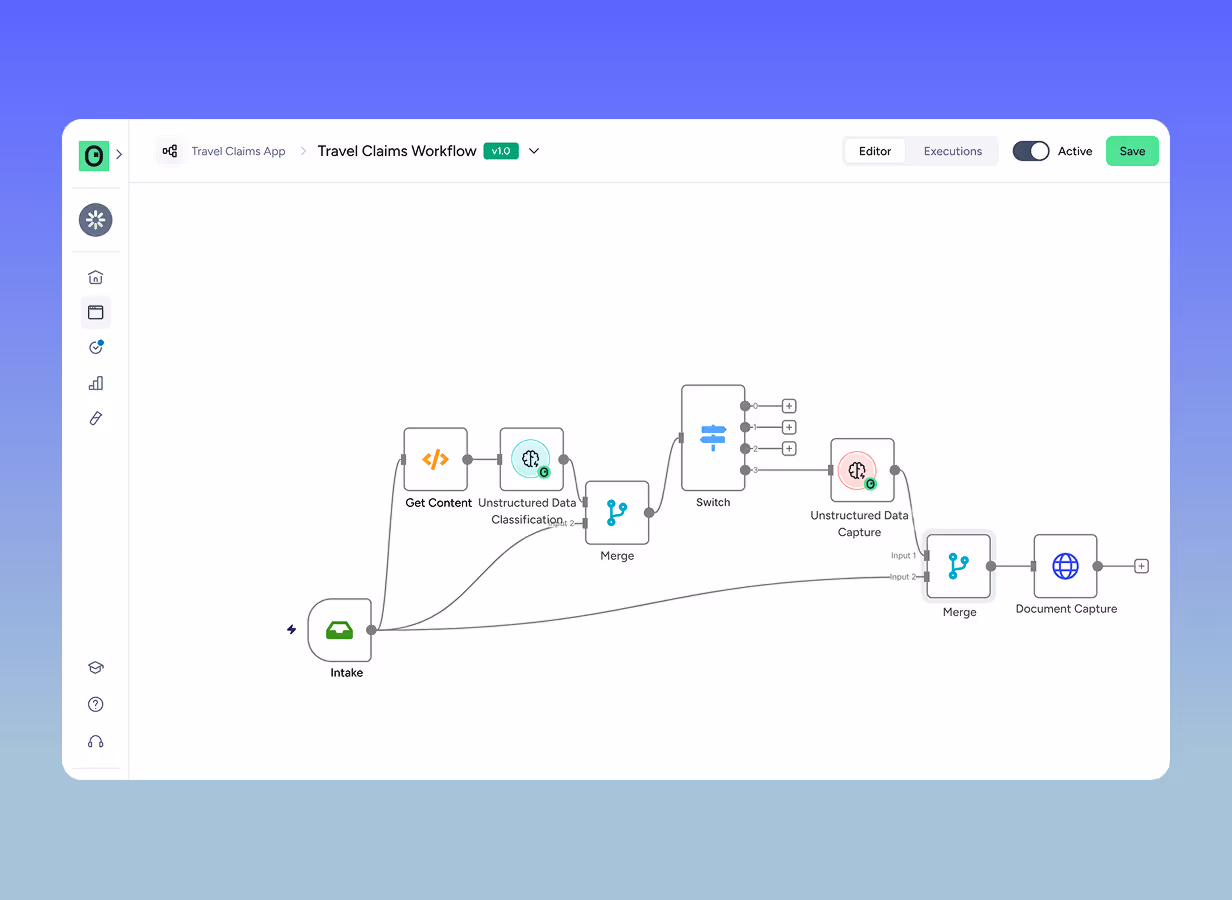 User interface showing a flowchart for a Travel Claims Workflow with nodes labeled Intake, Get Content, Unstructured Data Classification, Merge, Switch, Unstructured Data Capture, Merge, and Document Capture connected by arrows.