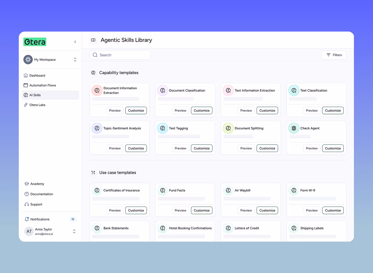 Otera AI platform interface displaying the Agentic Skills Library with sections for Capability templates and Use case templates, including options like Document Information Extraction, Text Classification, Fund Facts, and Shipping Labels.