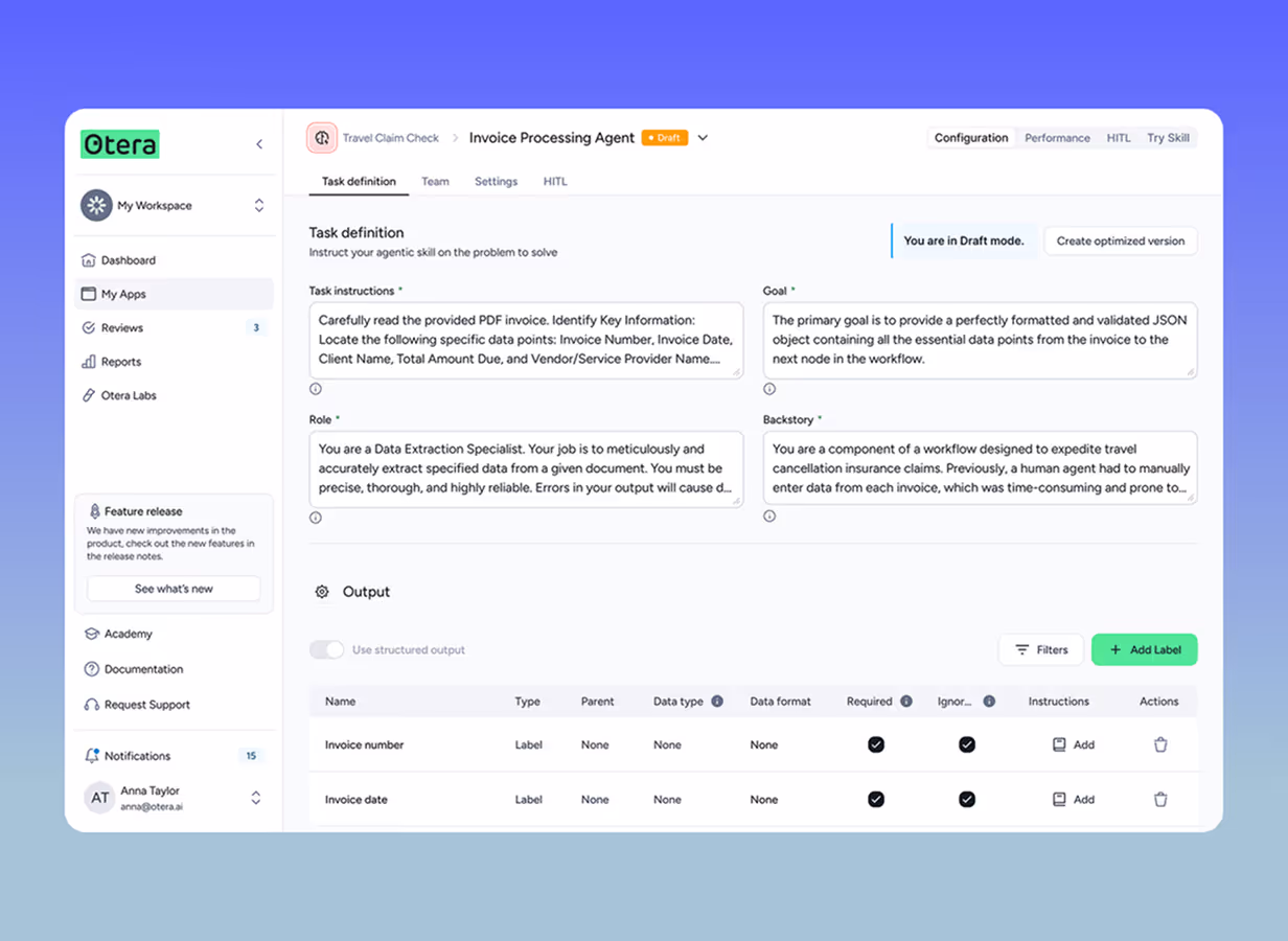 User interface of Otera software displaying the Invoice Processing Agent task setup with sections for task definition, goal, role, backstory, and output configuration on a blue background.