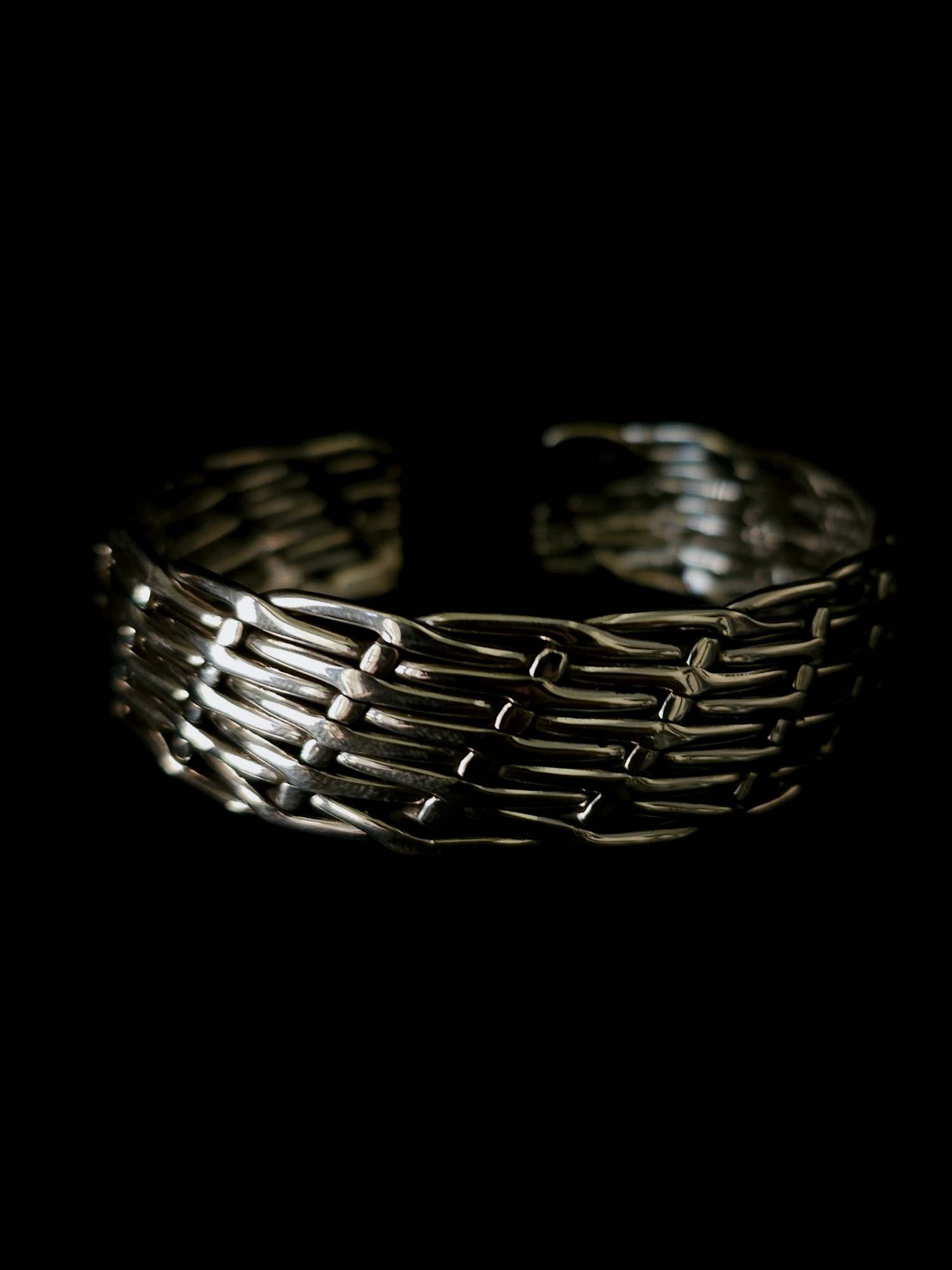 Sterling silver woven cuff bracelet with long oval bars