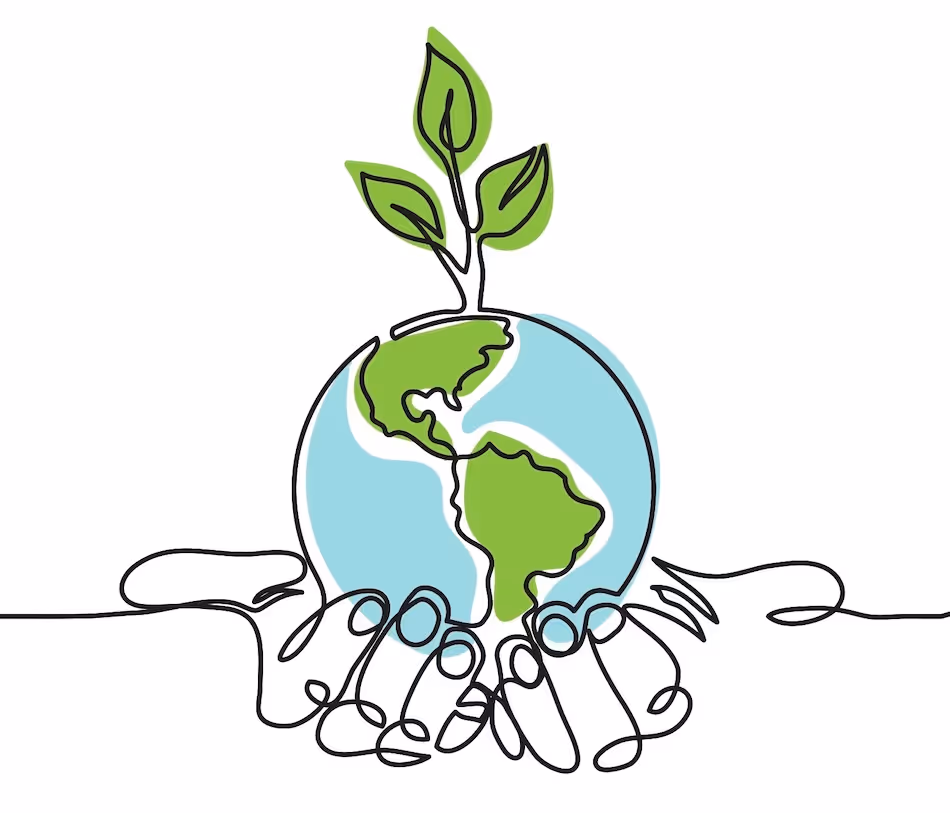 Continuous line drawing of some hands holding the earth with a plant growing out of the top of it