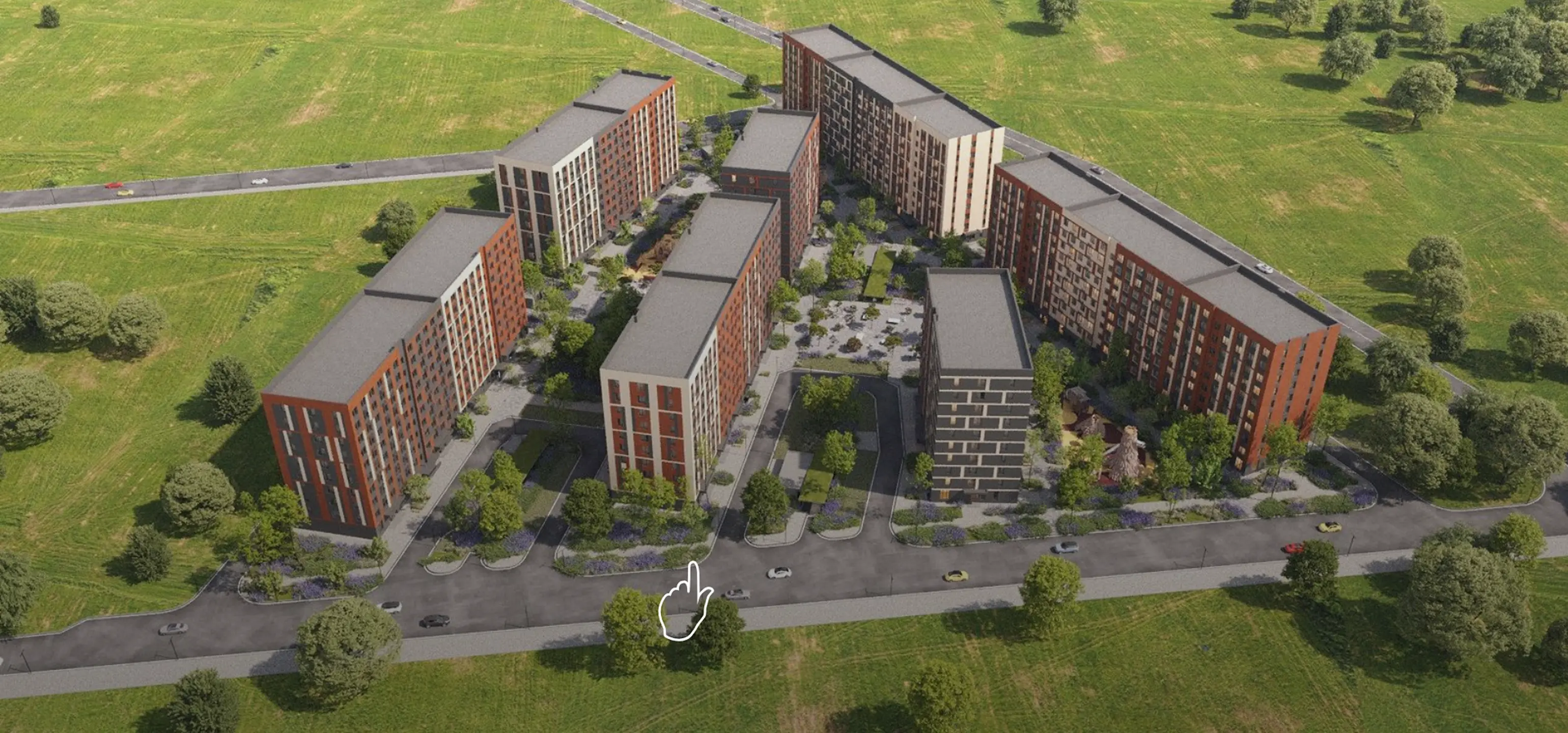 An aerial view of a group of buildings.