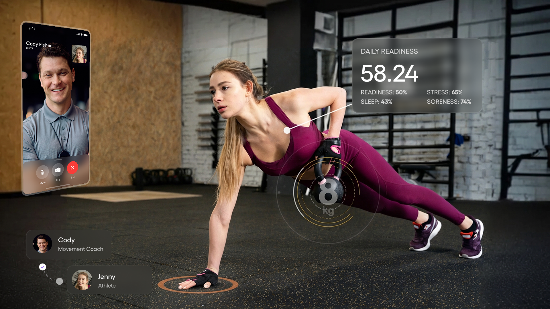 Woman in purple workout clothes holding a kettlebell plank position with heart rate and weight data displayed, along with a video call screen of a man named Cody Fisher.
