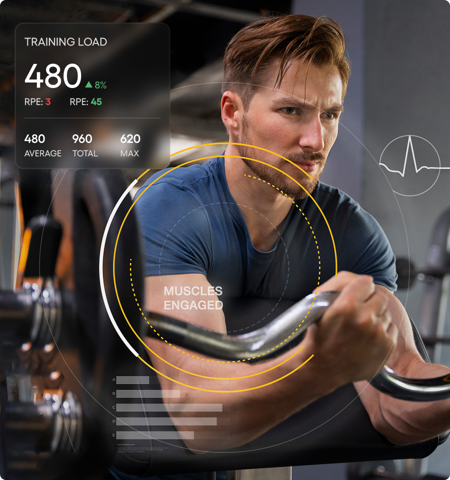 Man in blue shirt performing bicep curl curl with barbell in gym, with overlaid fitness metrics and graphical data.