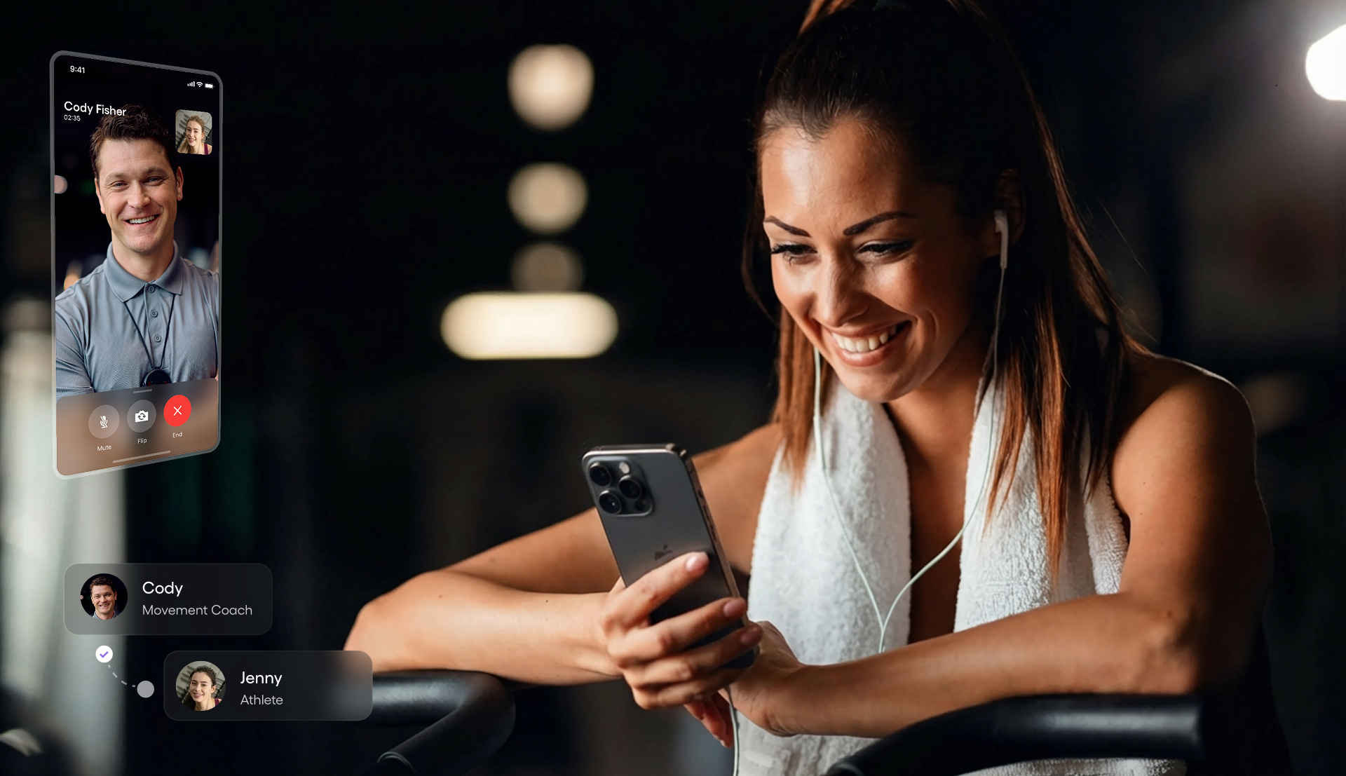 Smiling woman with earphones and a towel around her neck holding a smartphone, video calling a man named Cody Fisher shown on the phone screen.