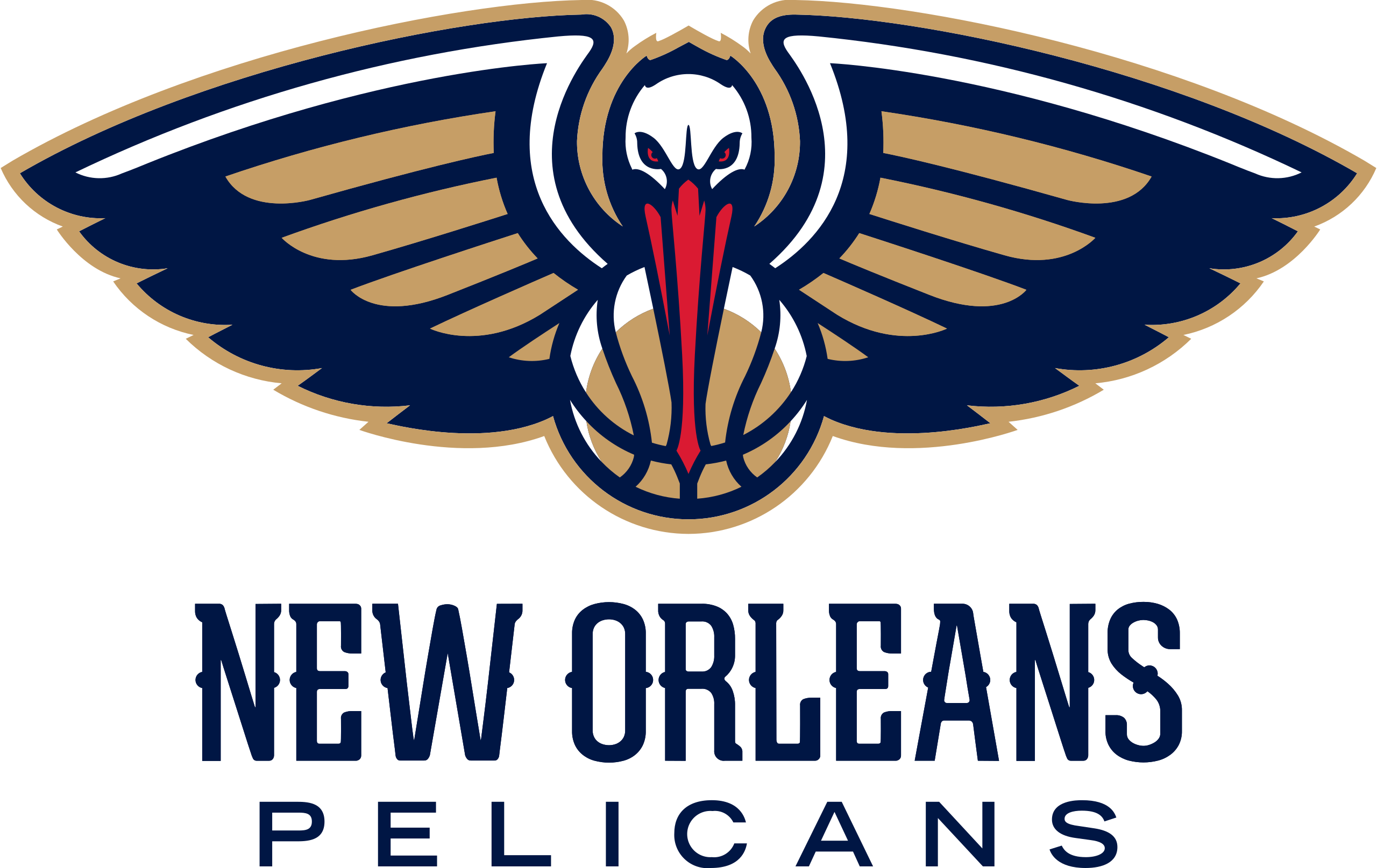 Logo of New Orleans Pelicans featuring a stylized pelican with outstretched wings holding a basketball, with the text 'New Orleans Pelicans' below.