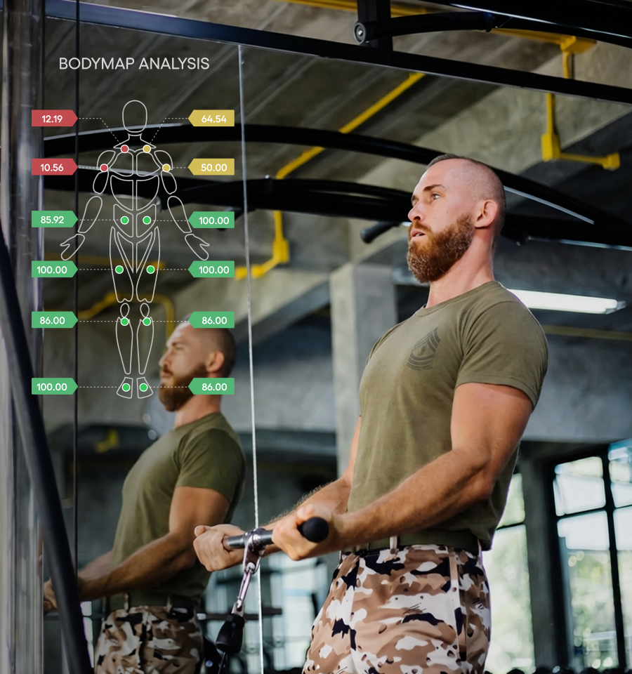 Bearded man in camouflage pants and olive green t-shirt using cable machine for exercise in a gym with a body map analysis overlay on the mirror.