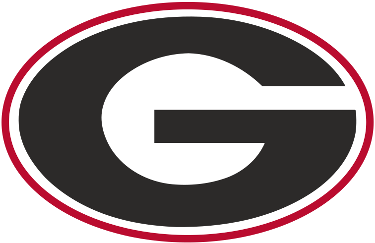 Stylized black letter G inside a white oval with a red border, Georgia Athletics logo.