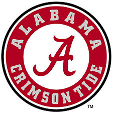 Alabama Crimson Tide logo with a stylized red letter A in the center and the words Alabama Crimson Tide in a red circular border.