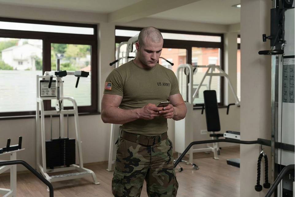 Muscular man in US Army shirt and camouflage pants using a smartphone in a gym with exercise equipment.