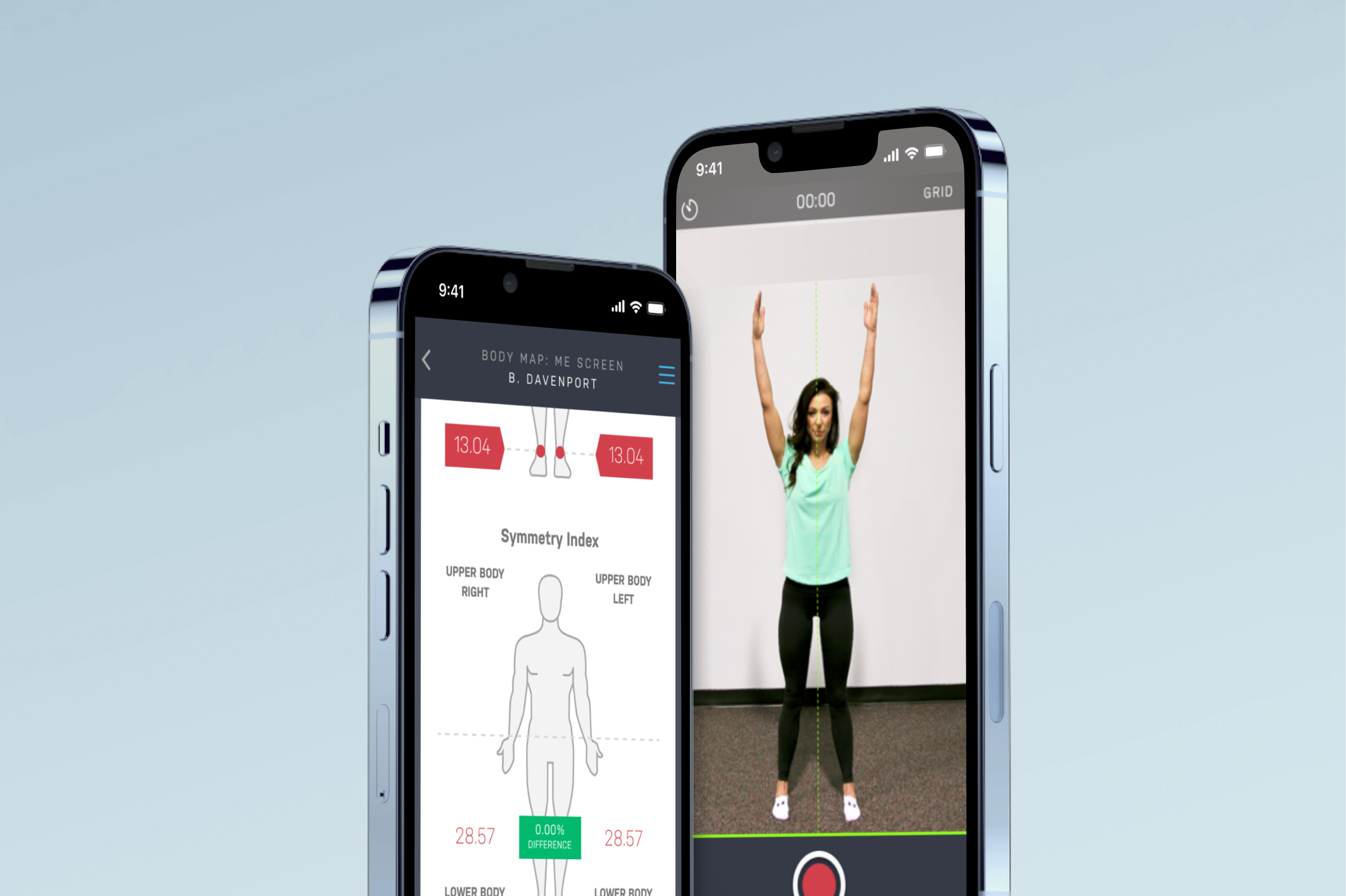 Two smartphones displaying a fitness app: one shows a symmetry index with body measurements, the other a woman raising arms standing in front of a camera.