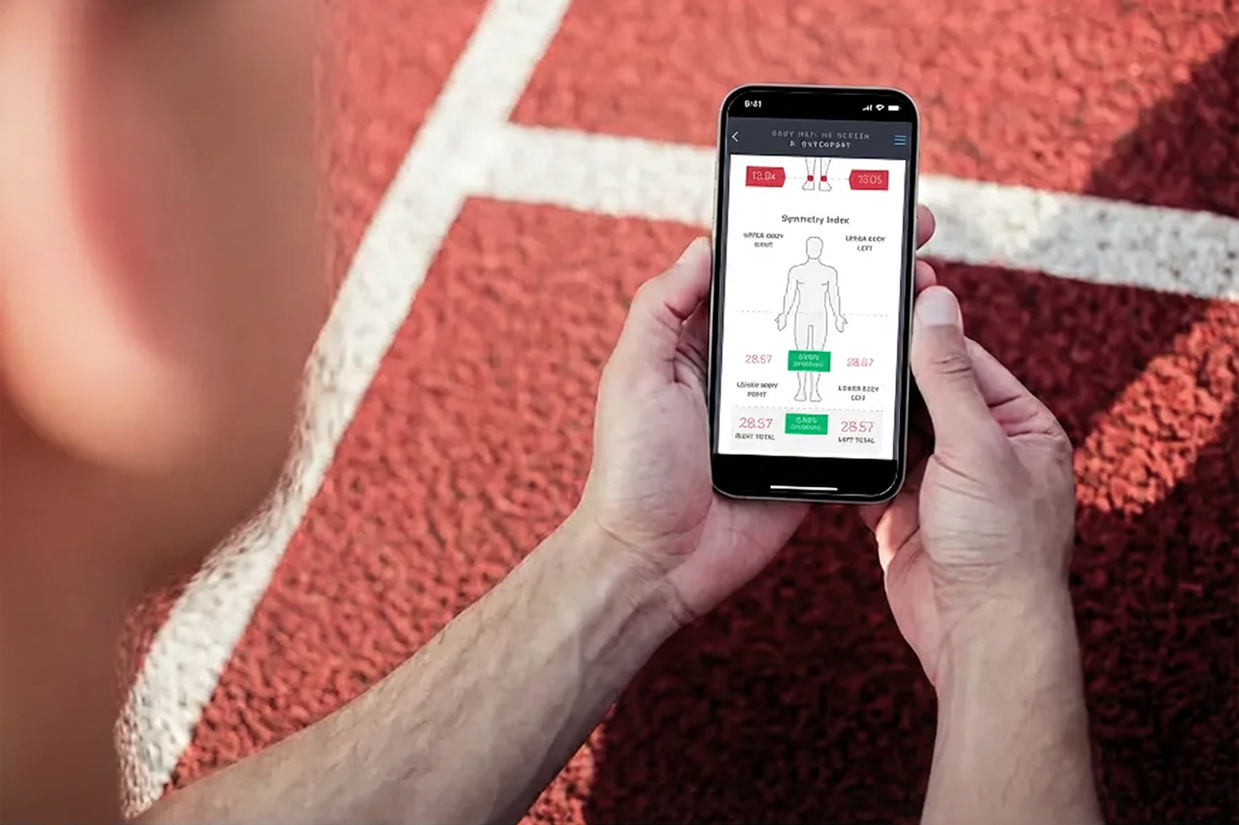 Person holding a smartphone displaying a body symmetry index app on a red running track.