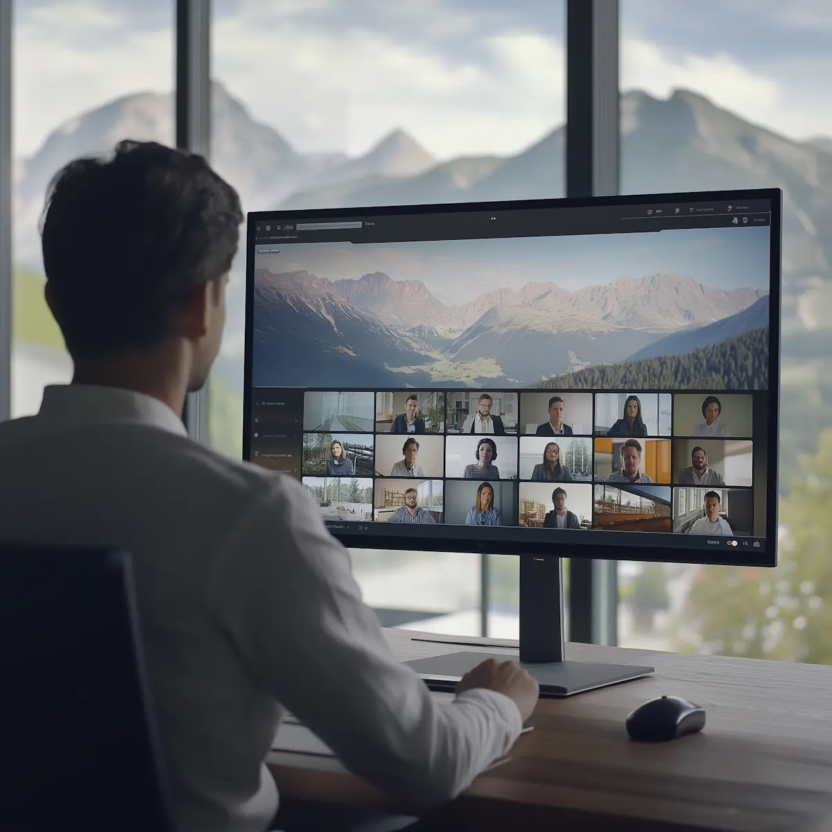 Person attending a video conference on a desktop monitor with a mountain landscape visible in the background.