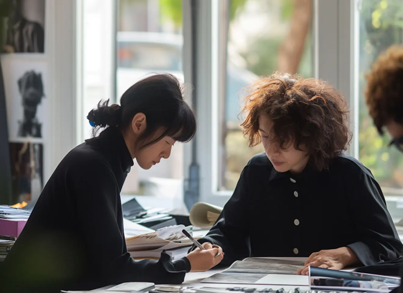 Two women sitting at a table covered with papers, focused on writing and reviewing documents near large windows.