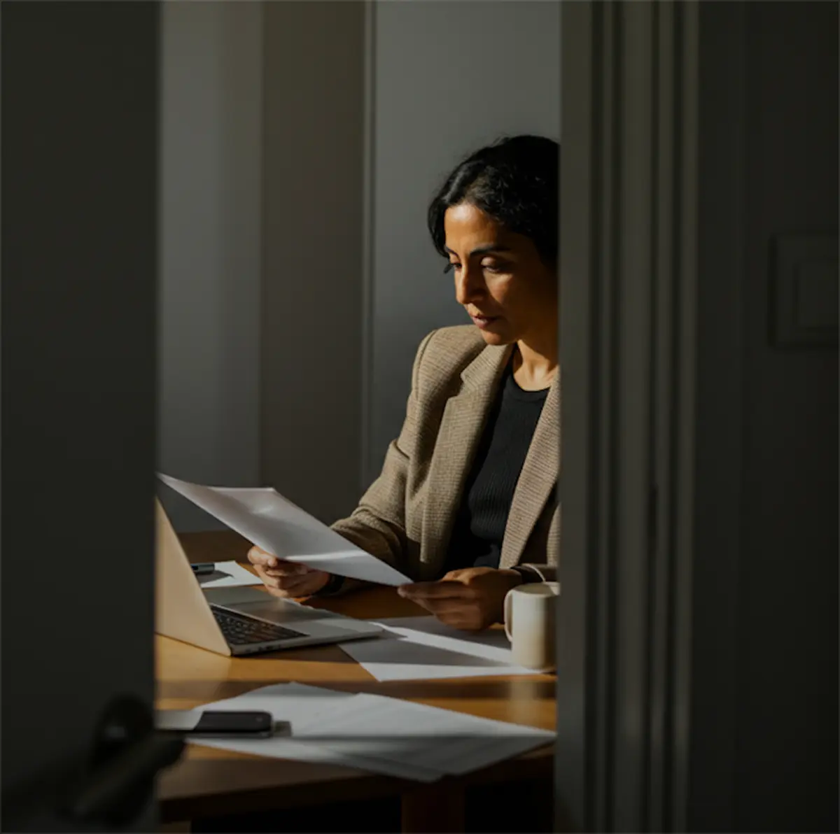Woman in a blazer reviewing documents at a wooden table with a laptop and coffee mug in dim light.