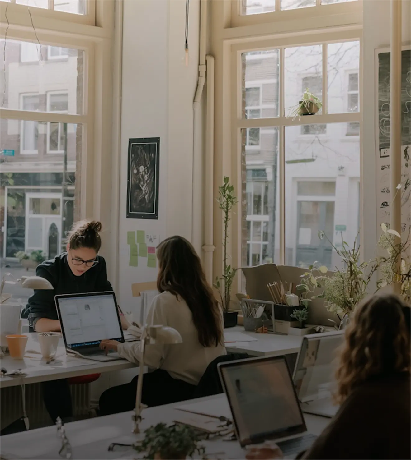 Three people working on laptops in a bright office with large windows and plants on the desks.