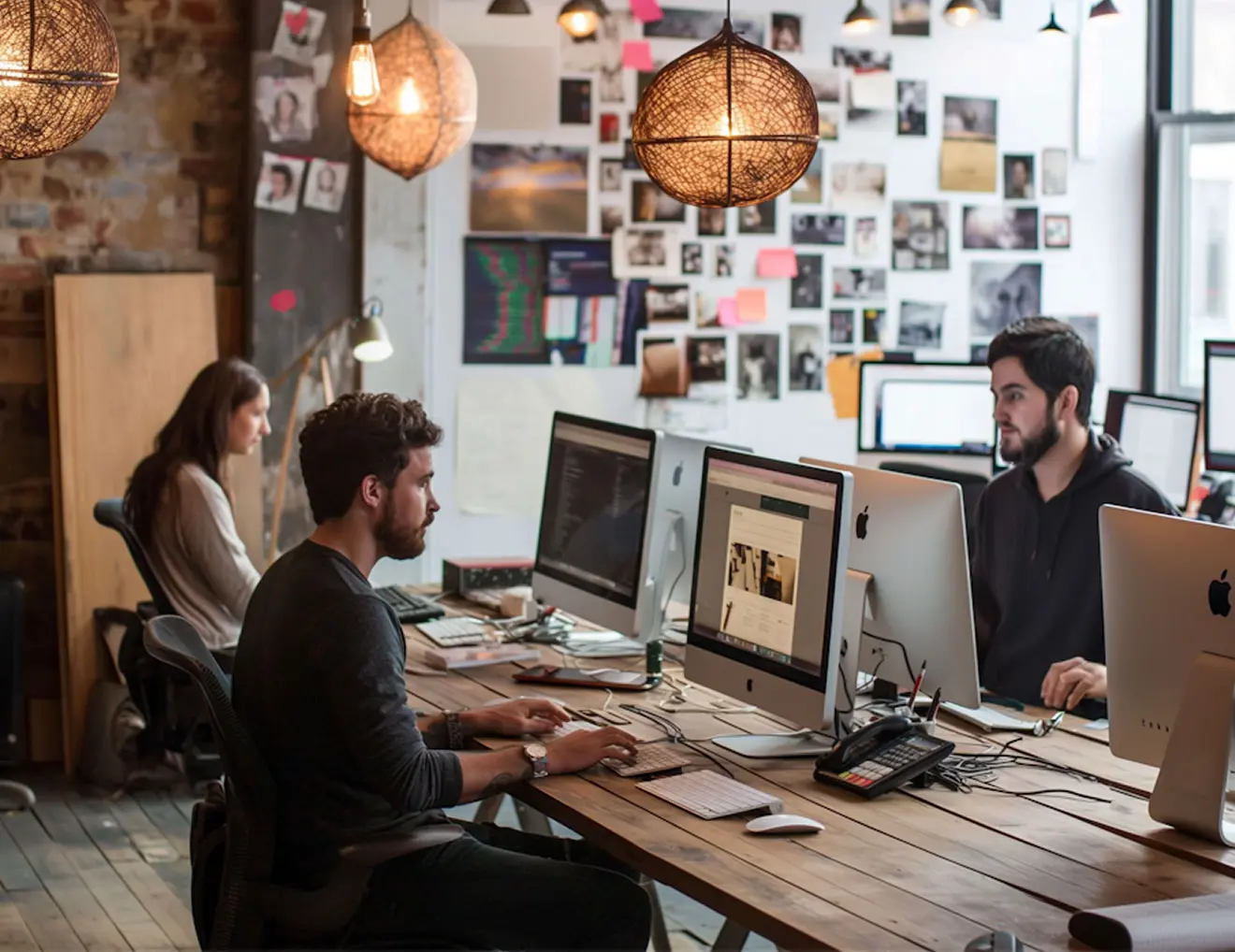 Three people working at a shared wooden desk with desktop computers in a cozy office decorated with photos and notes on the wall.