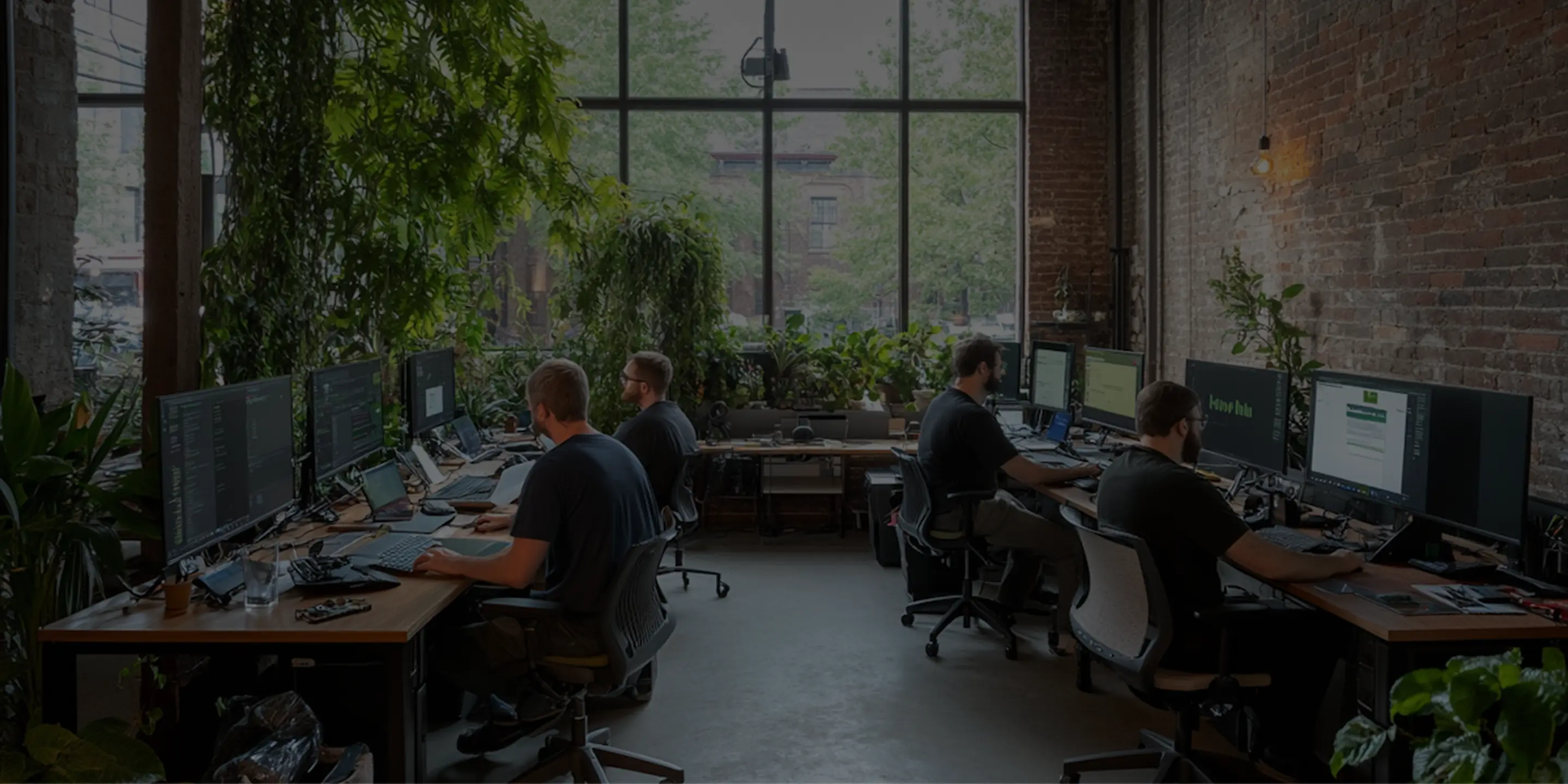 Office space with four people working at desks with multiple monitors surrounded by large windows and green plants.