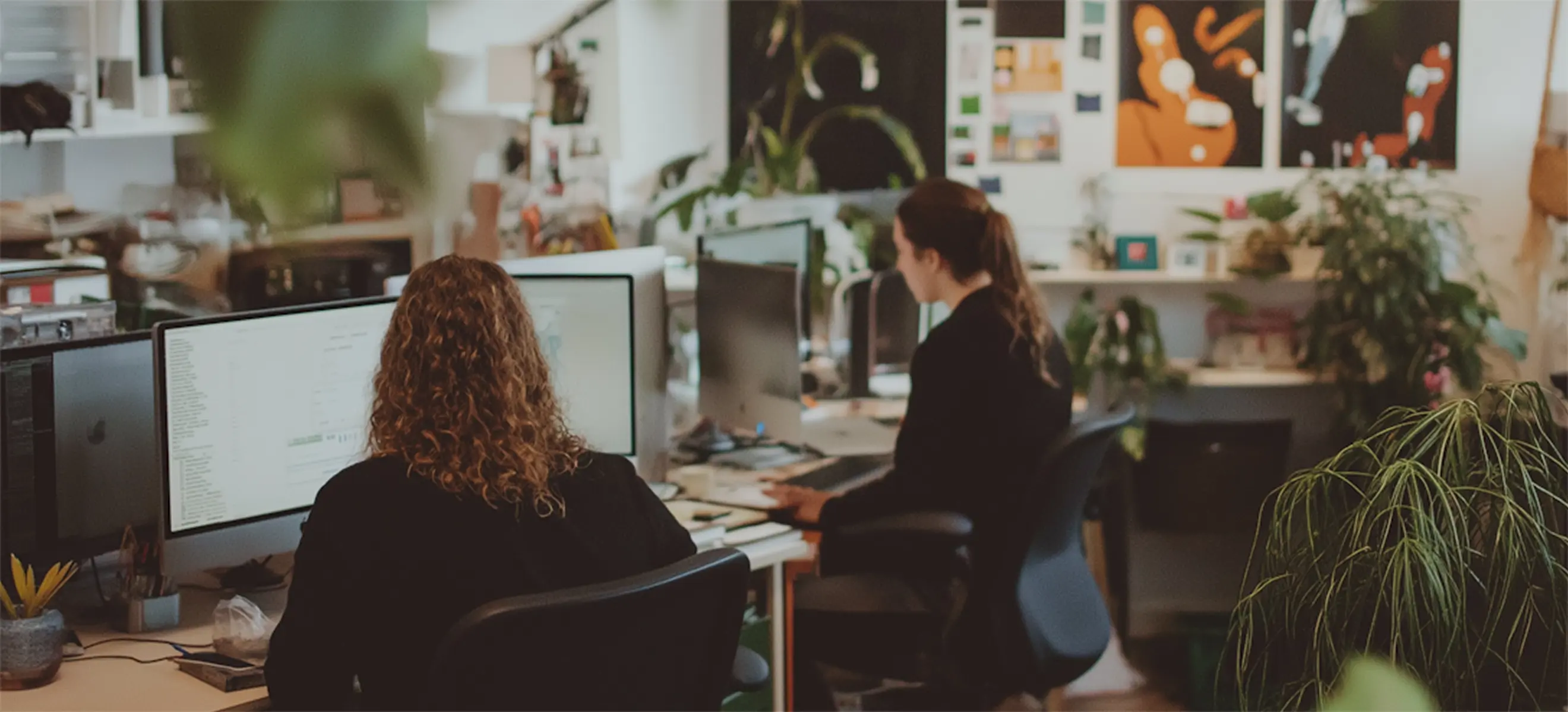 Two people working at computers in a cozy, plant-filled office space with artwork on the walls.