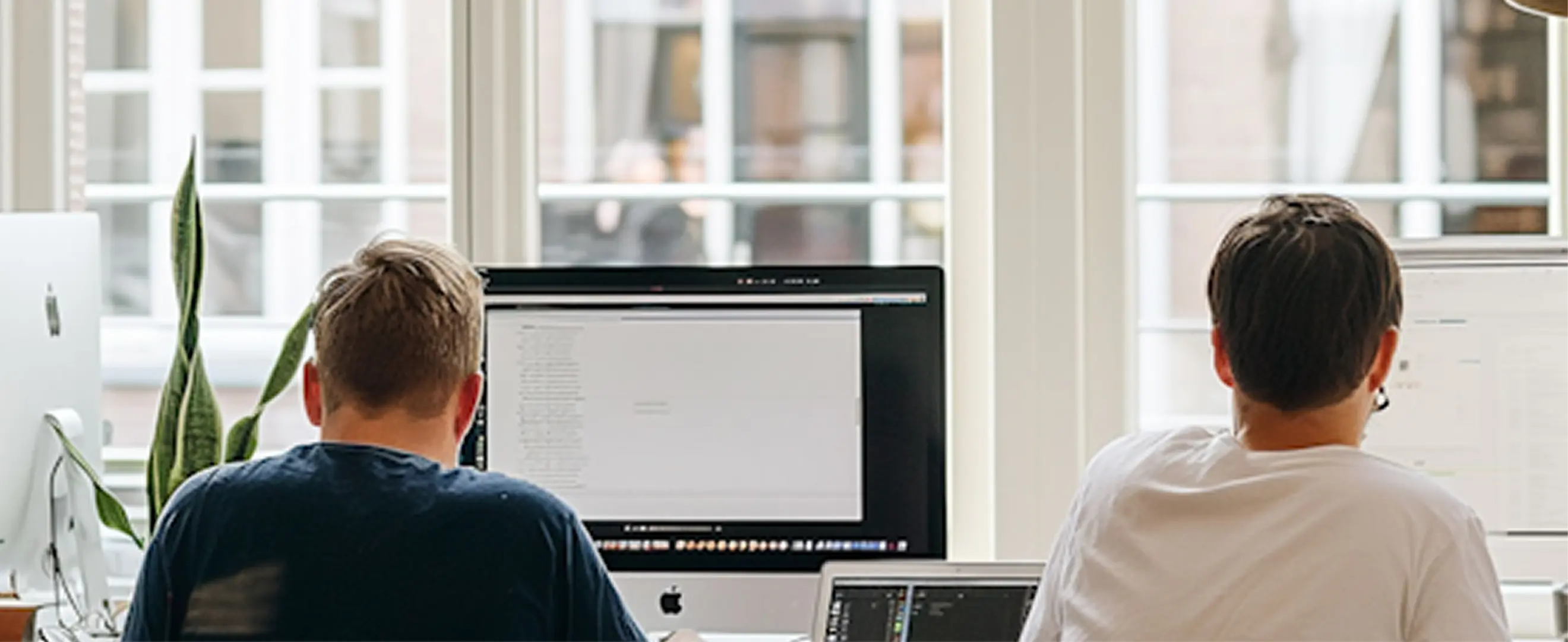 Two people working on desktop computers in a bright office with large windows.