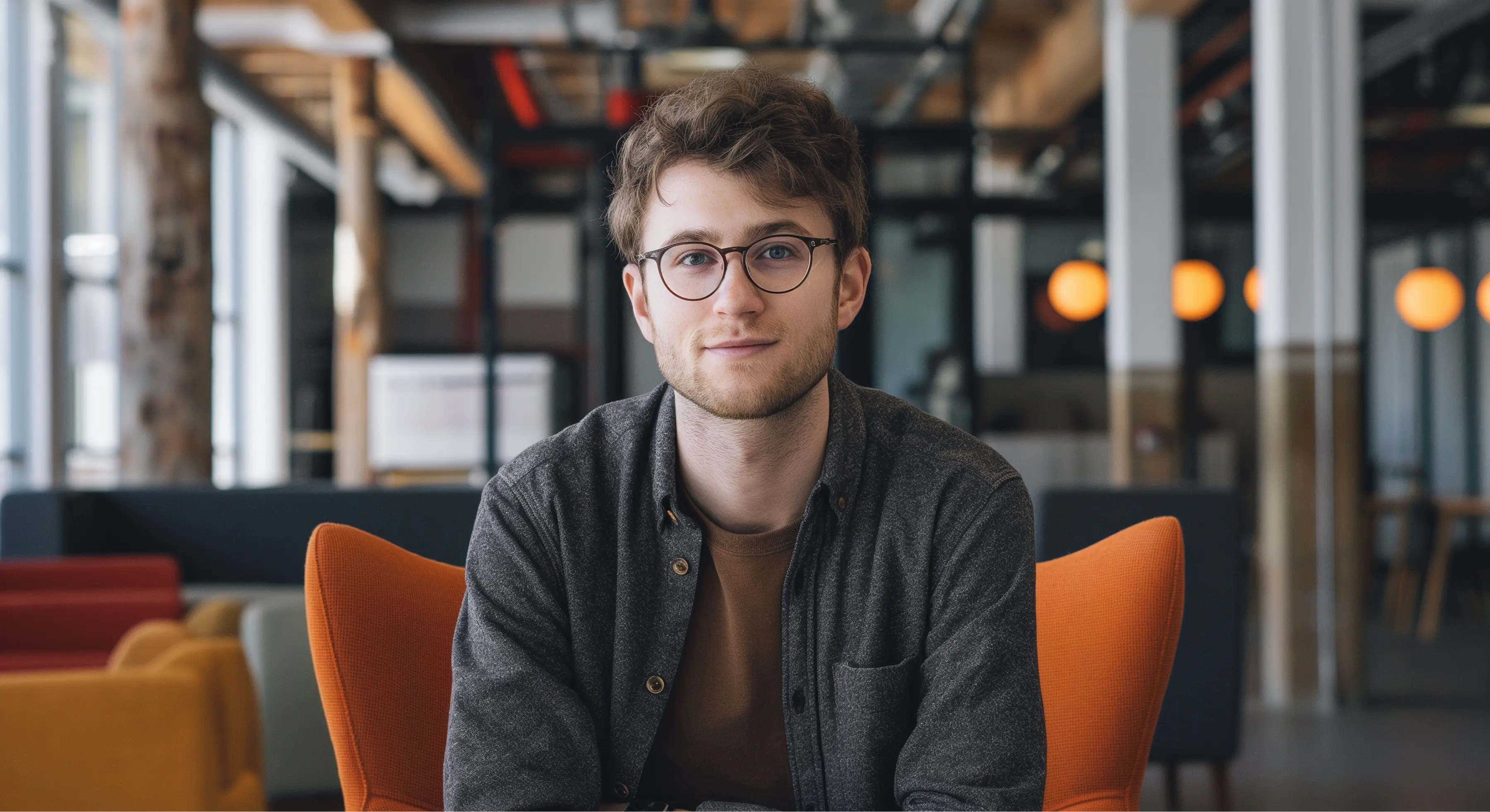 Young man with glasses sitting in an orange chair in a modern office space with blurred background.