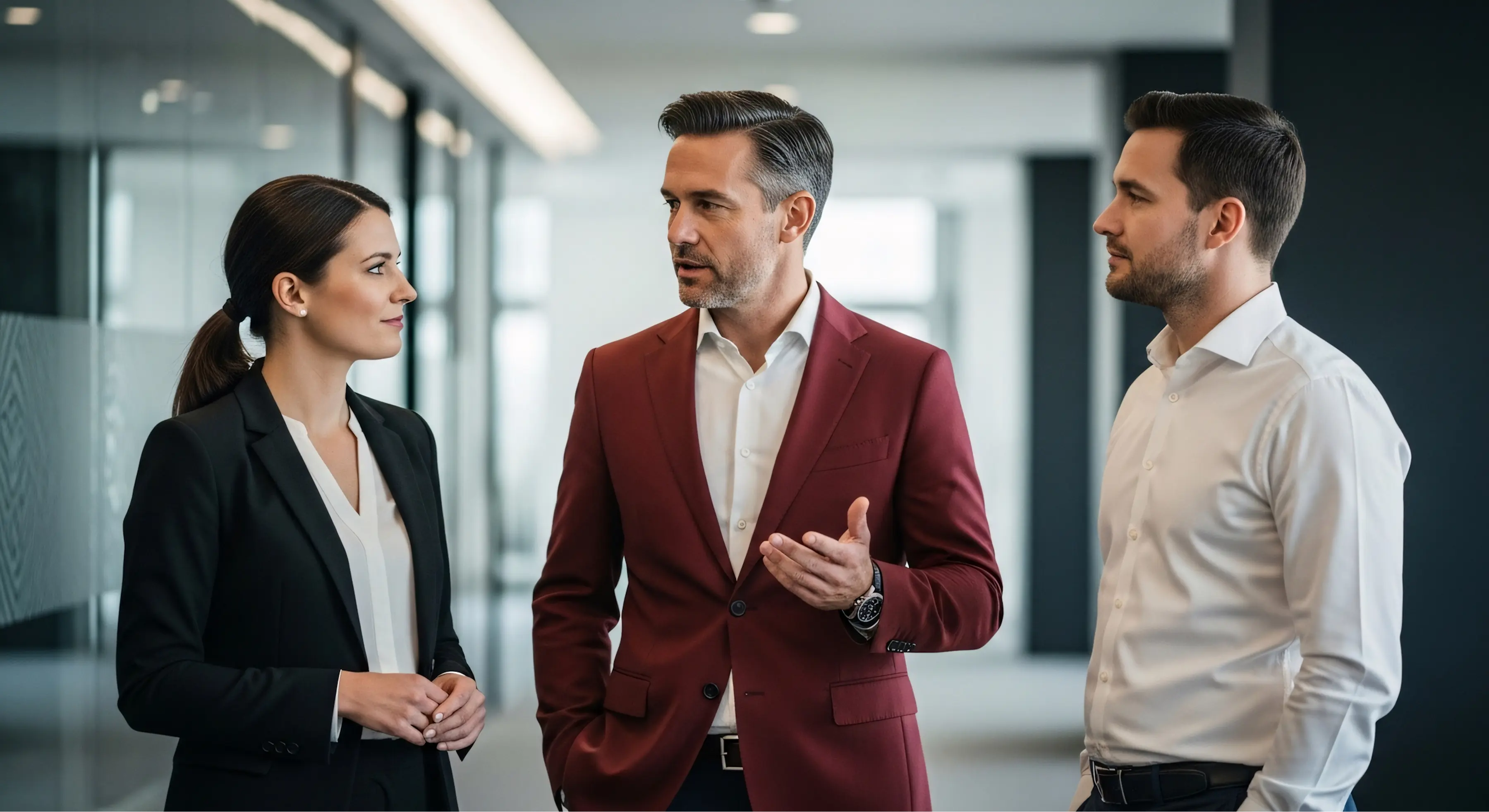 Three business professionals engaged in a discussion in a modern office hallway.