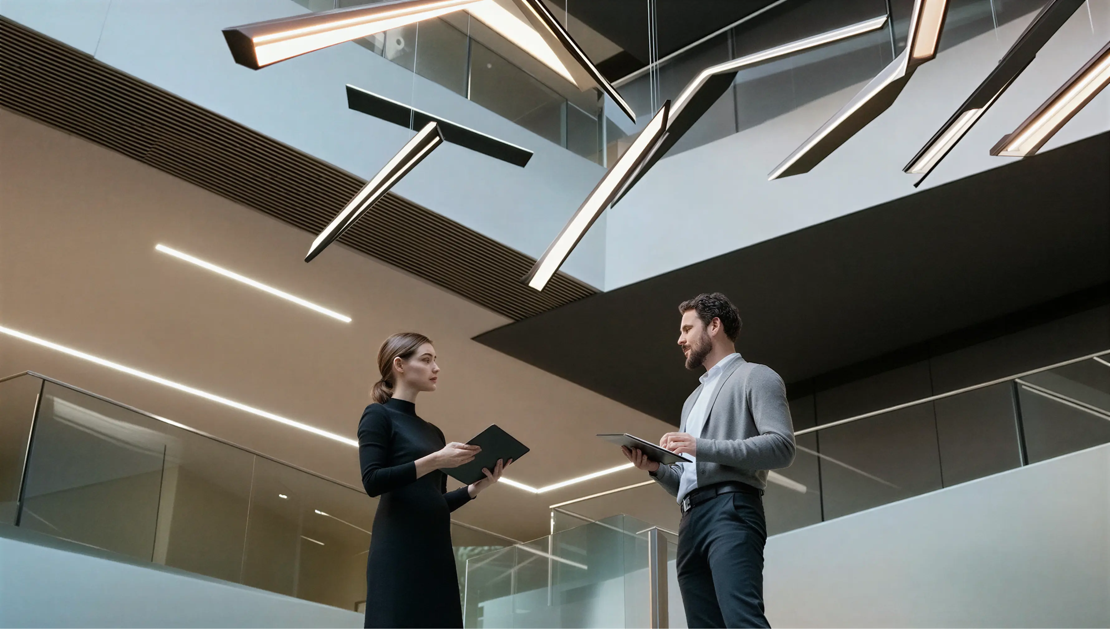 Man and woman standing in modern office atrium having a discussion while holding tablets.