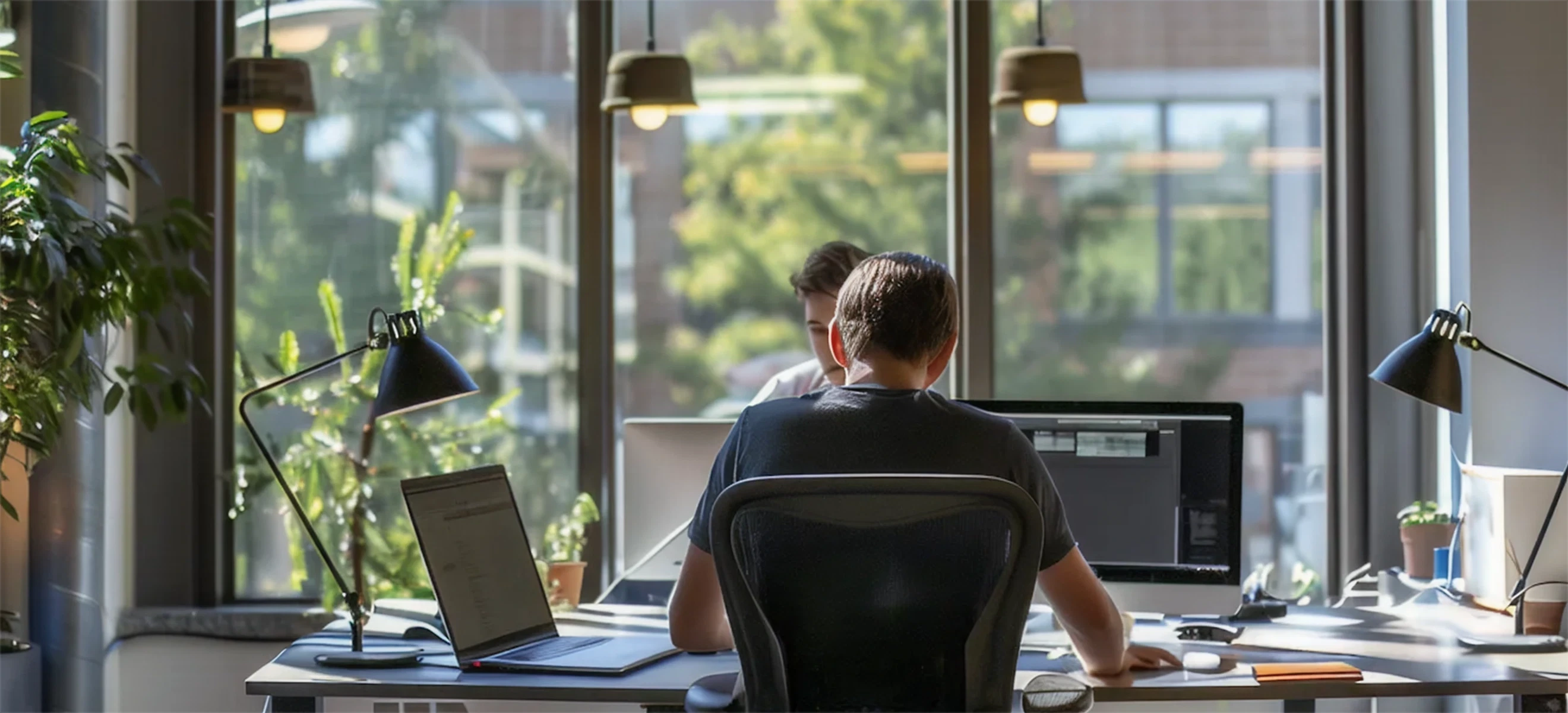Two people working on laptops at a desk in a modern office with large windows and desk lamps.
