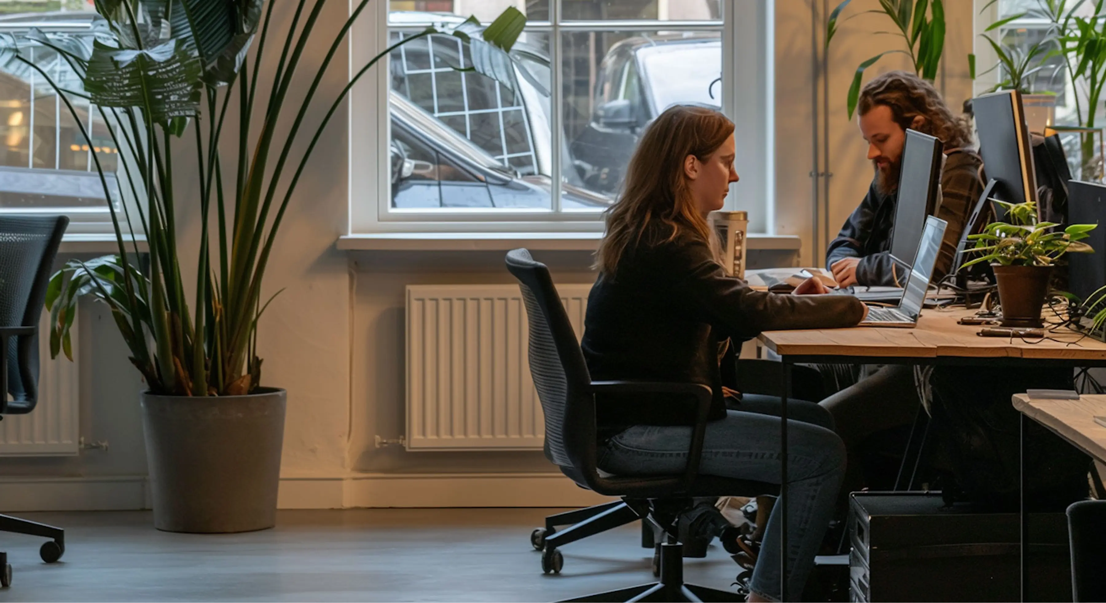 Two people working on laptops at a wooden desk in a bright office with large windows and indoor plants.
