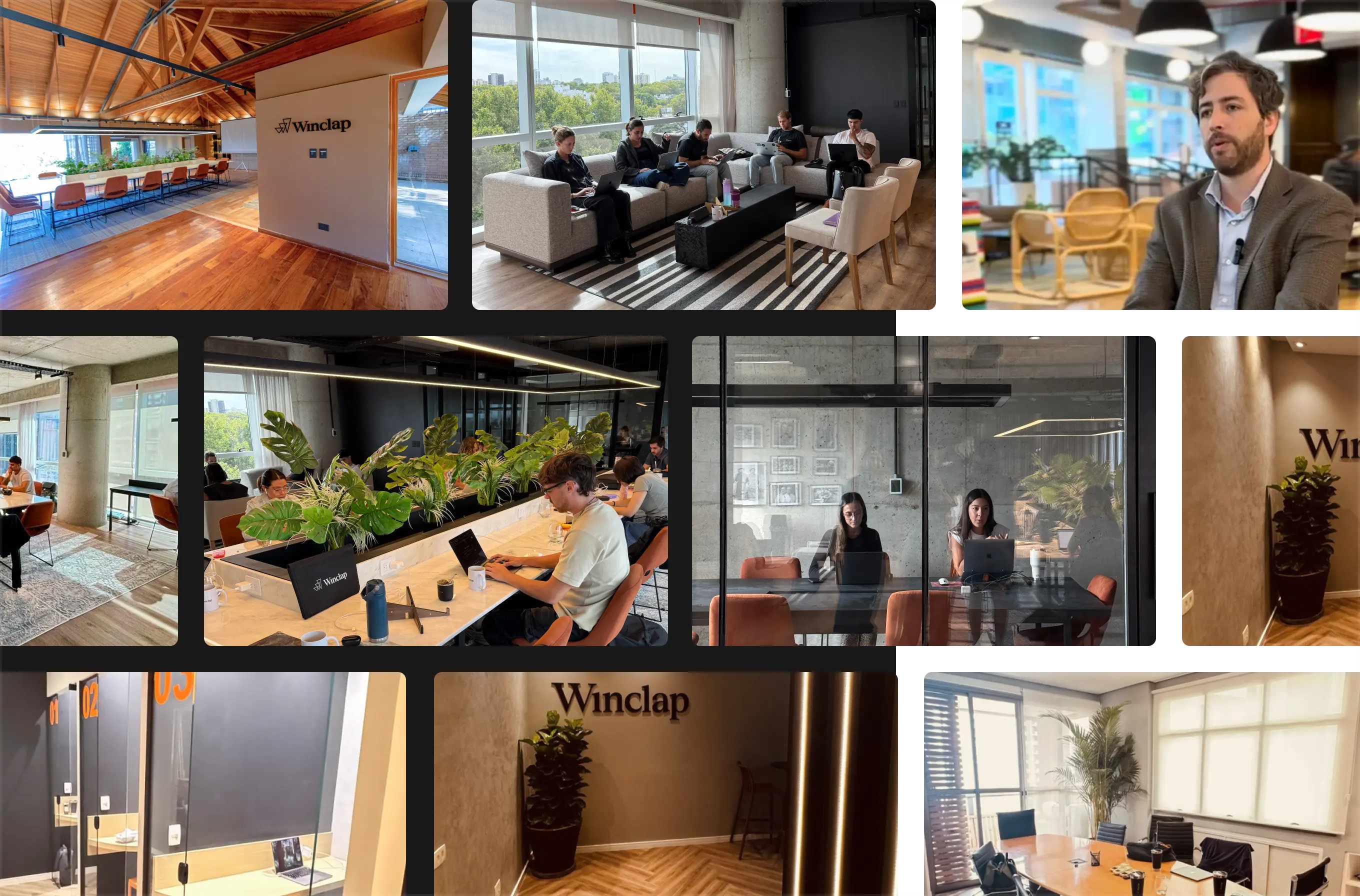 Collage of modern office spaces showing people working on laptops, meeting rooms with glass walls, a casual seating area, and branded walls with 'Winclap' signage.