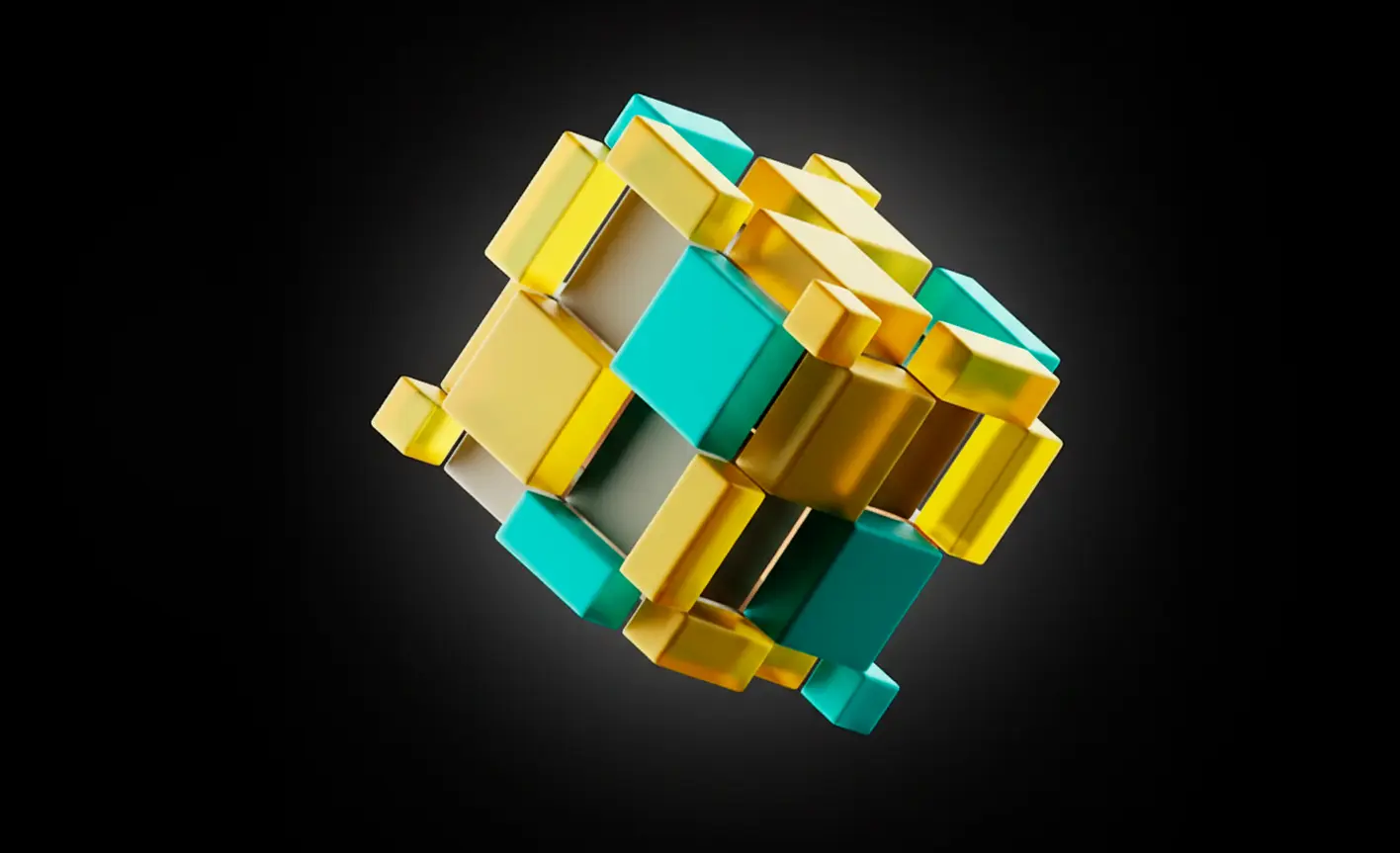 3D abstract geometric structure with interconnected yellow and teal cubes on a black background.