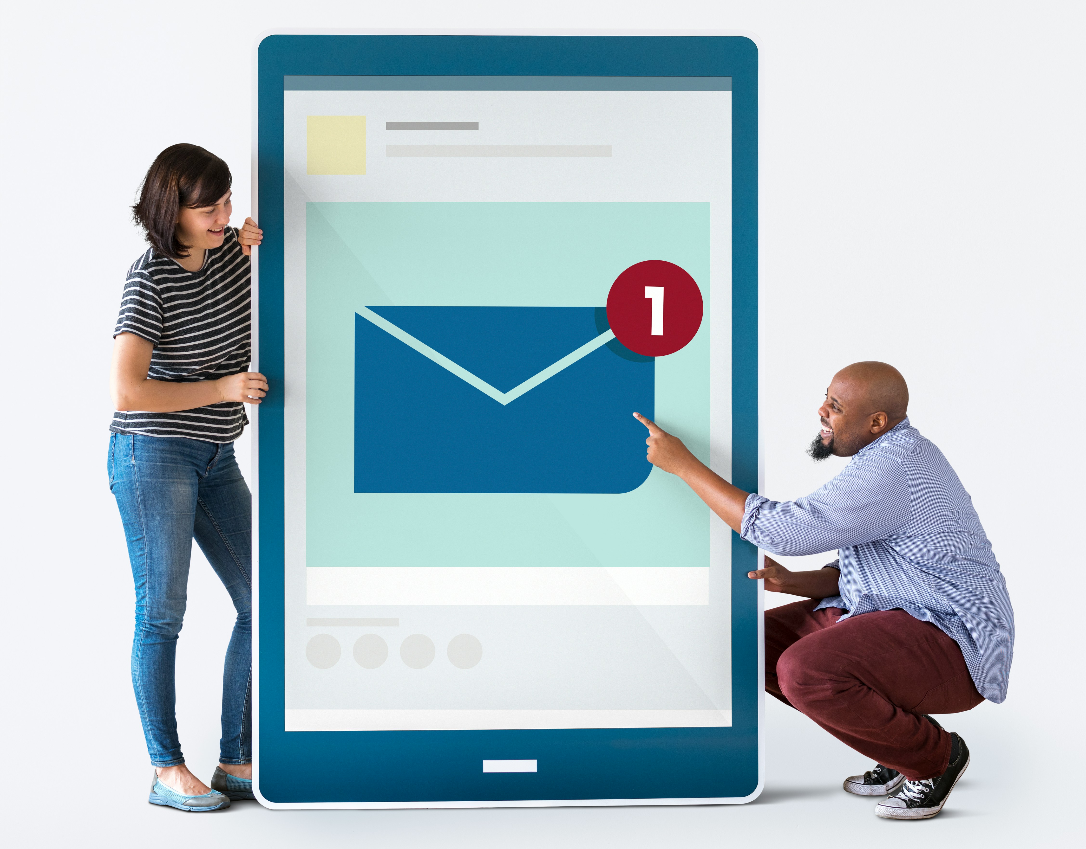 Two people holding a large smartphone cutout displaying a new email notification icon.