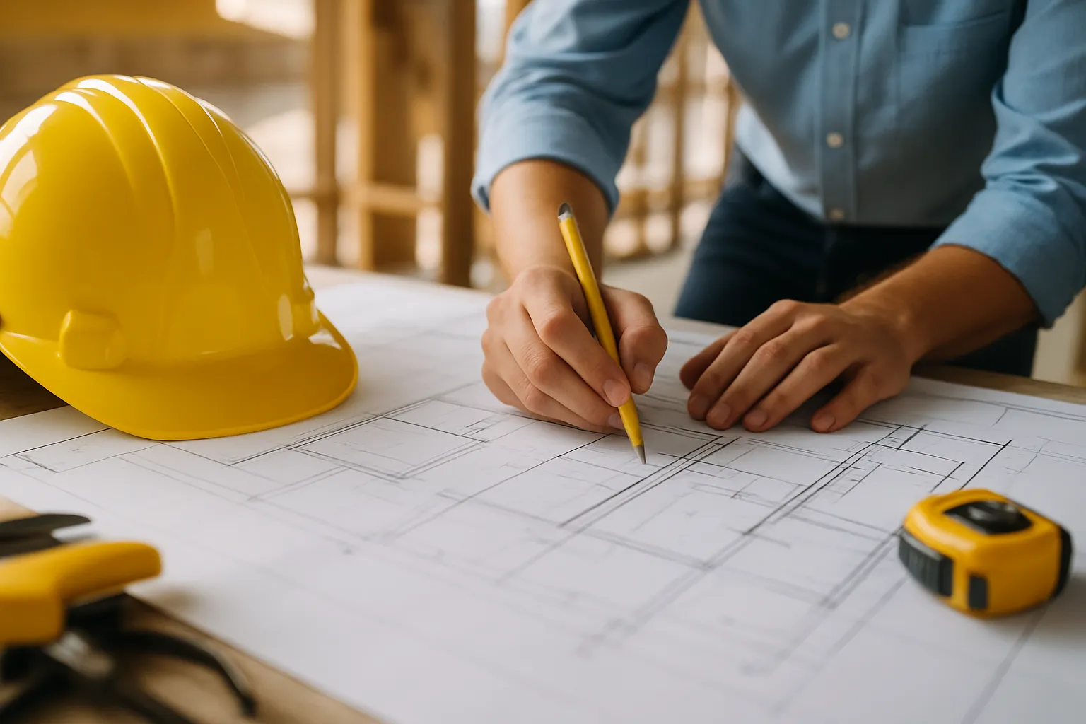 Person mit gelbem Bleistift, der an einem Bauplan arbeitet, mit gelbem Schutzhelm und Maßband auf dem Tisch.