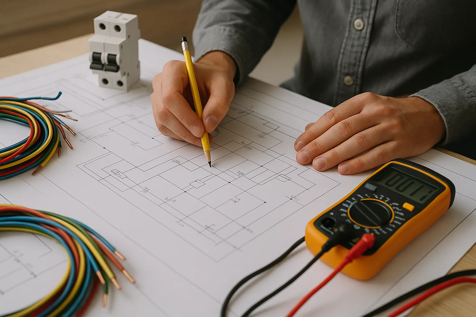 Person zeichnet mit Bleistift auf einem technischen Schaltplan, umgeben von farbigen Kabeln, einem Leistungsschalter und einem Digitalmultimeter.