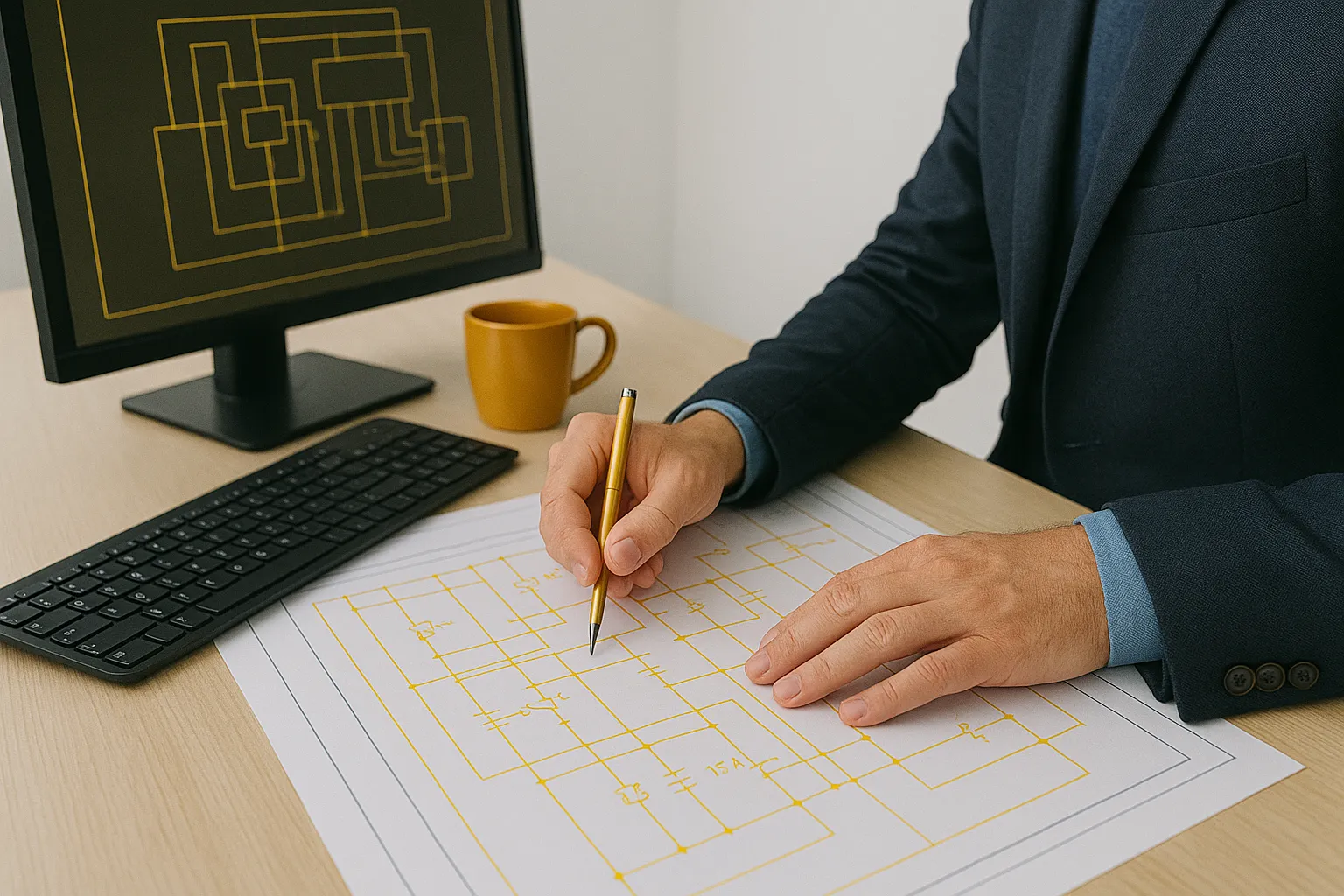 Person in Anzug zeichnet auf einem Schaltplan mit gelben Linien, daneben Computerbildschirm mit ähnlicher Schaltung und Tasse auf dem Schreibtisch.