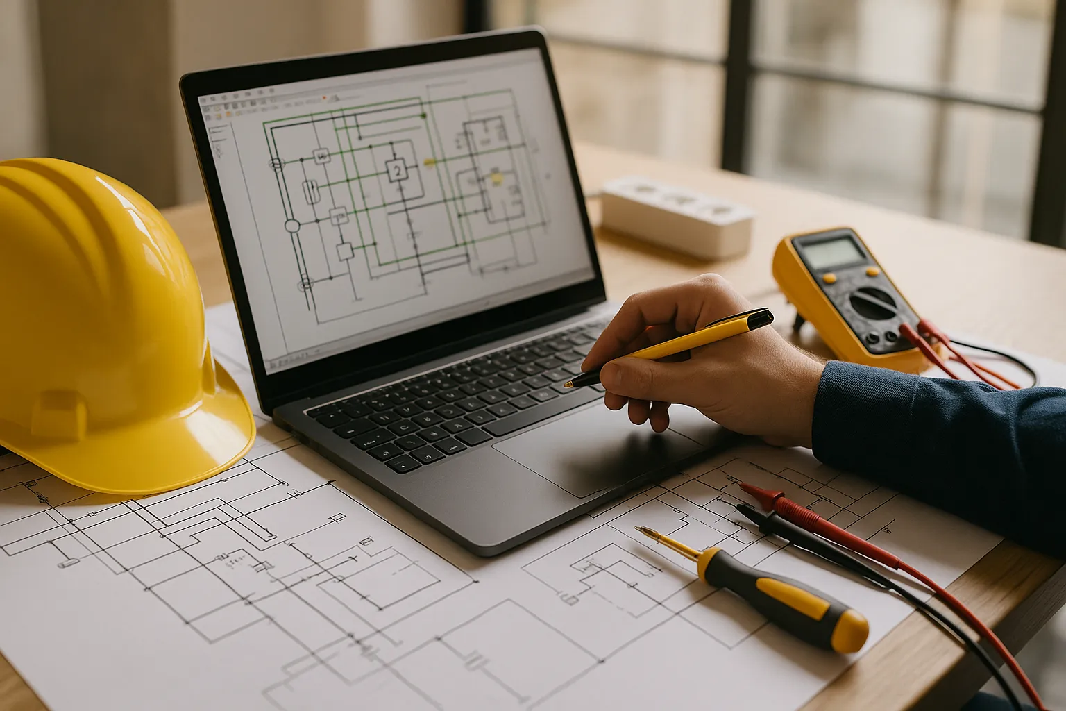 Hand hält Stift über Laptop mit elektrischen Schaltplänen, neben Helm und Messgerät auf dem Tisch.