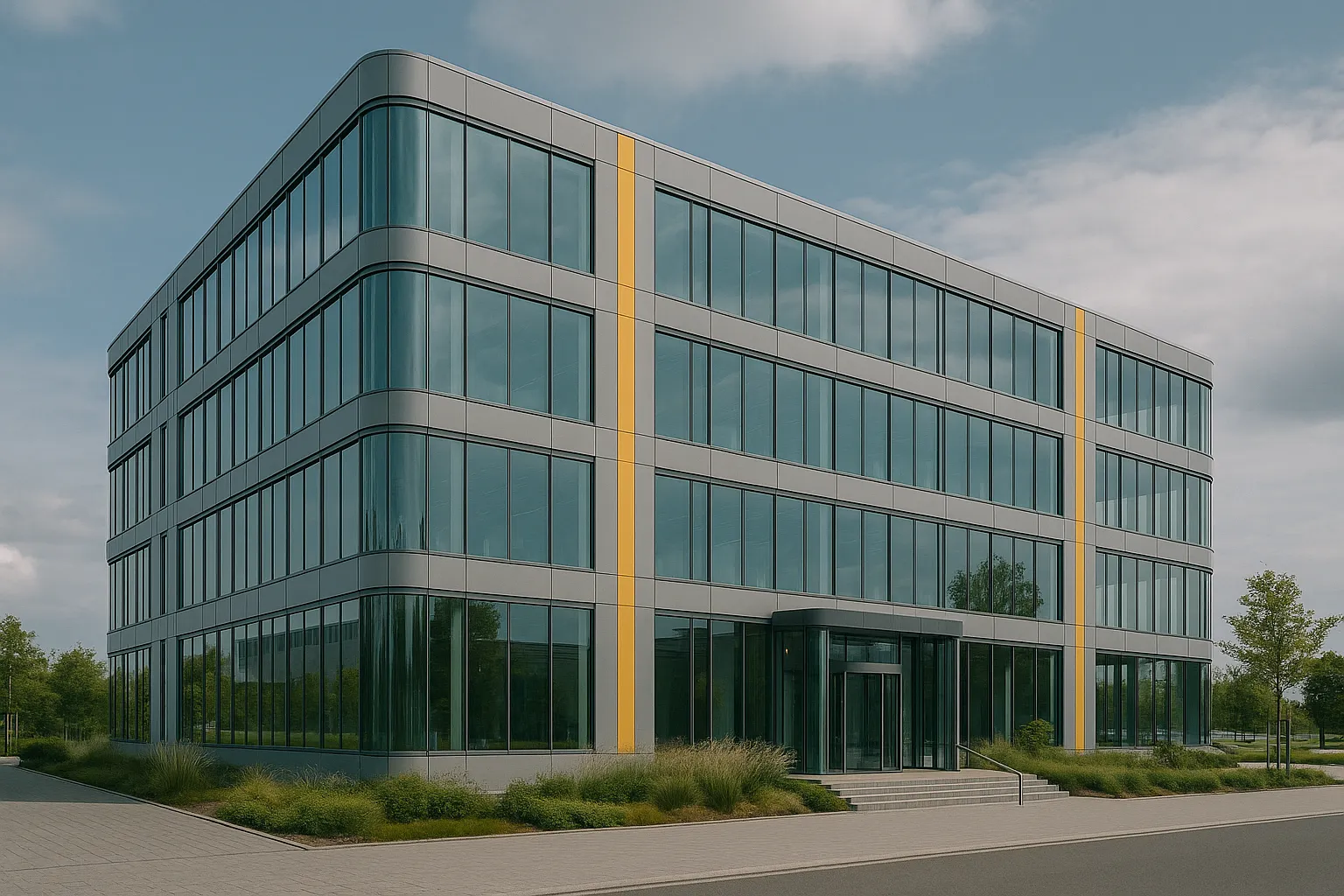 Modernes, mehrstöckiges Bürogebäude mit großflächigen Glasfenstern und gelben Akzenten an den Ecken.